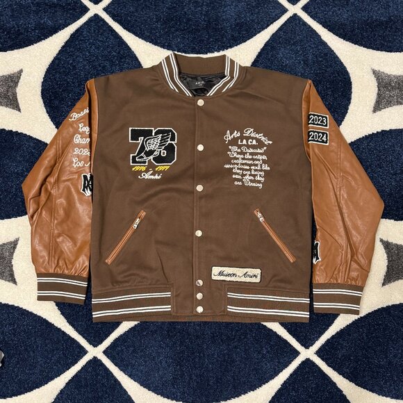 Amiri Eagle Leather Varsity Jacket Brown Mens Size Large